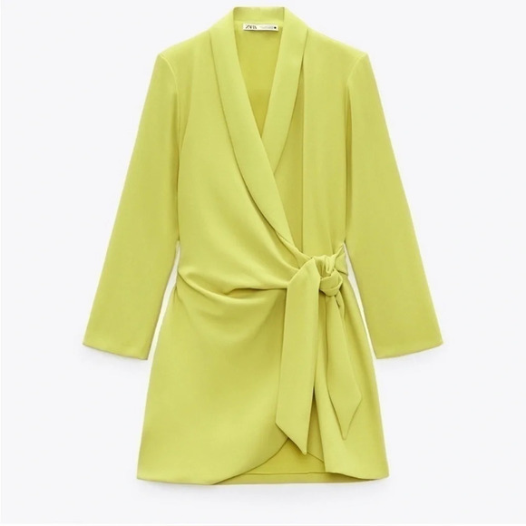 NWT ZARA XS Lime Green Pareo Mini Wrap Blazer Tie Dress SPRING Summer Vacation - Picture 2 of 16